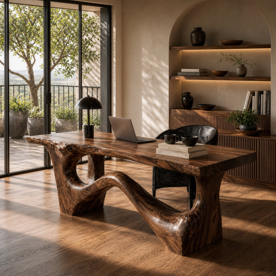 Organic Sculptural Desk With Asymmetrical Wood Base And Solid Wood Top For Home Office And Workspace