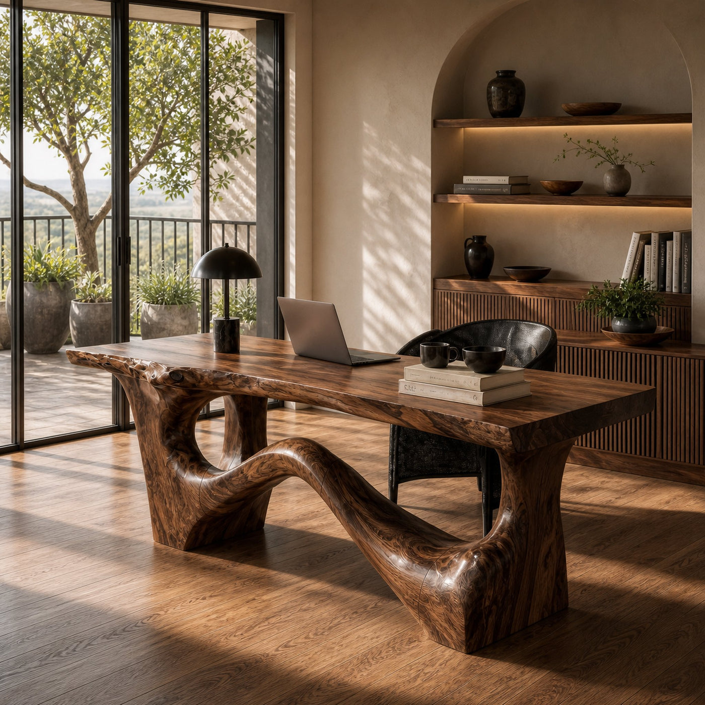 Organic Sculptural Desk With Asymmetrical Wood Base And Solid Wood Top For Home Office And Workspace