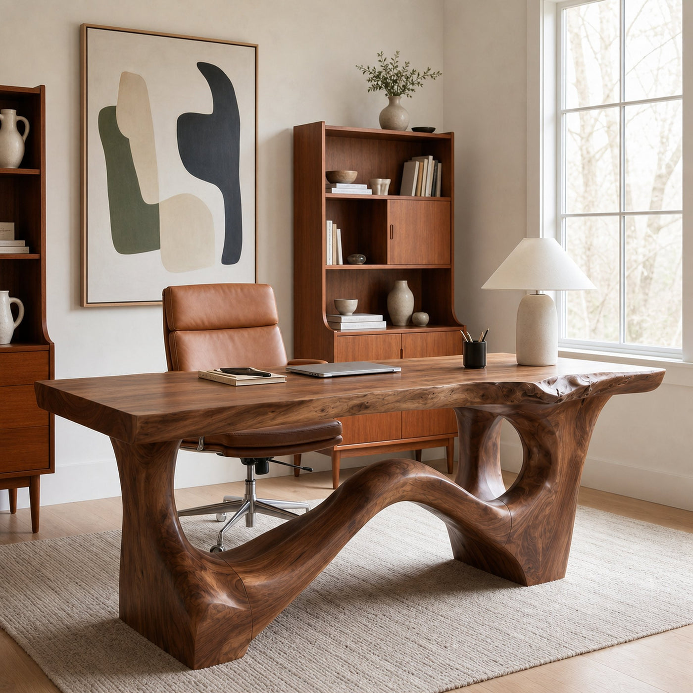 Organic Sculptural Desk With Asymmetrical Wood Base And Solid Wood Top For Home Office And Workspace - product view 3
