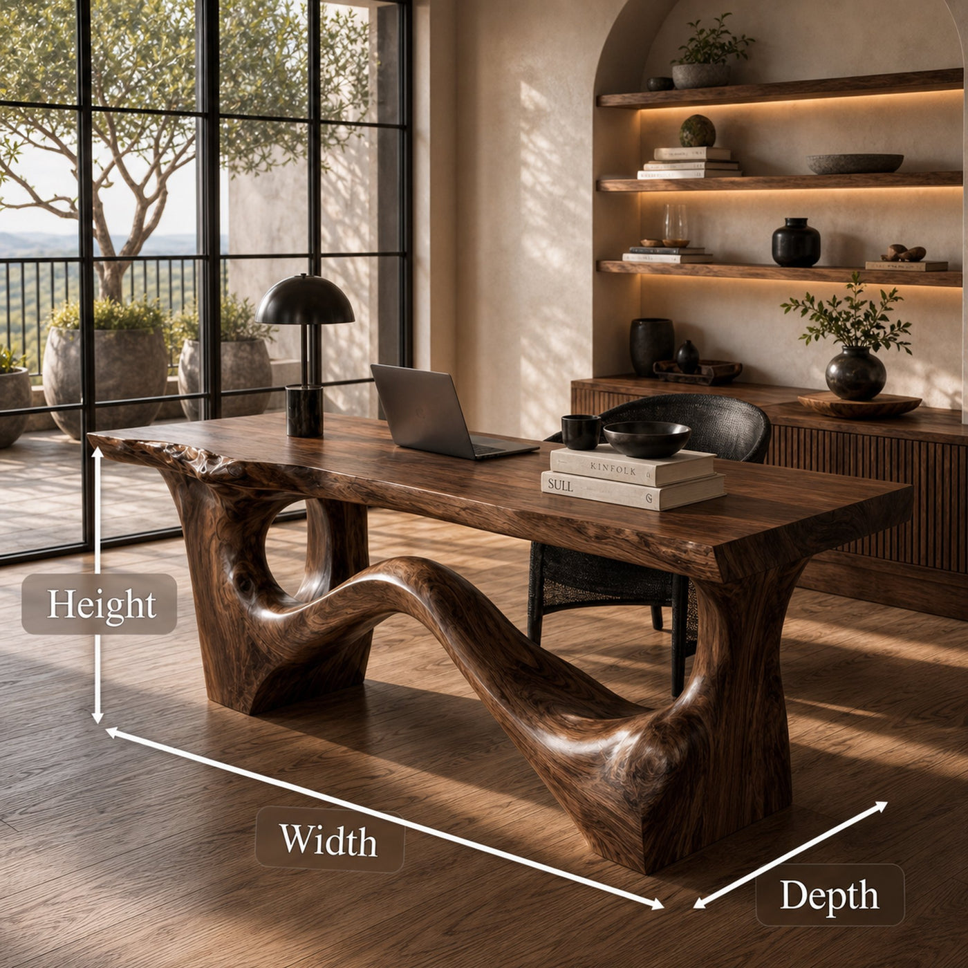 Organic Sculptural Desk With Asymmetrical Wood Base And Solid Wood Top For Home Office And Workspace - product view 8