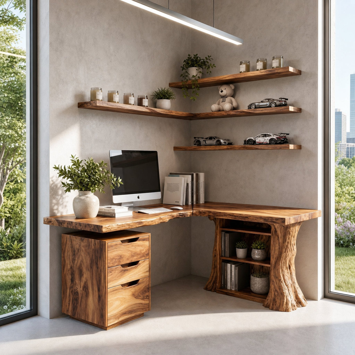 Organic Tree Branch Corner Desk Integrated Wall Shelf Design Home Office And Study Room