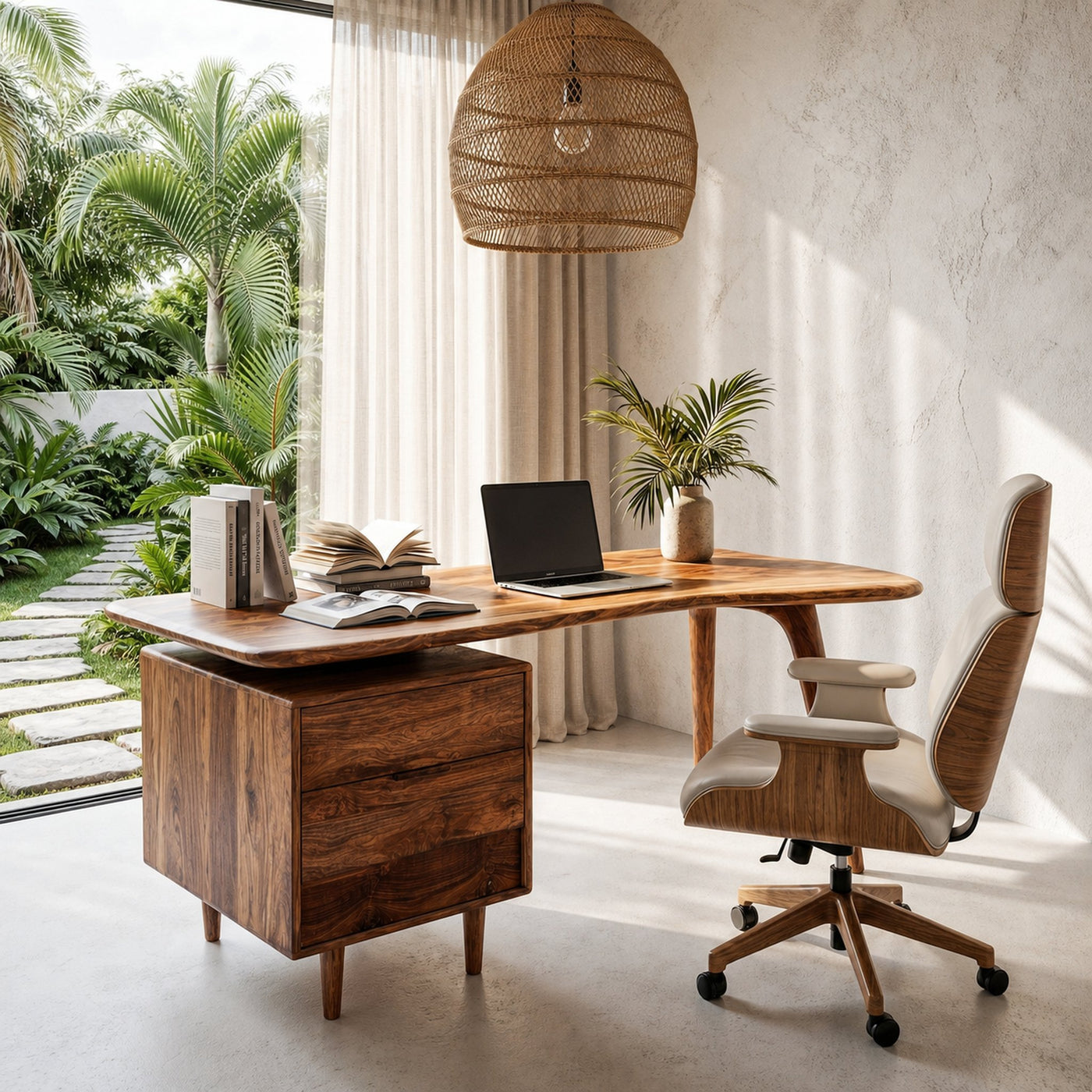Organic Wooden Desk With Integrated Side Shelves And Built In Drawer Storage For Home Office And Workspace