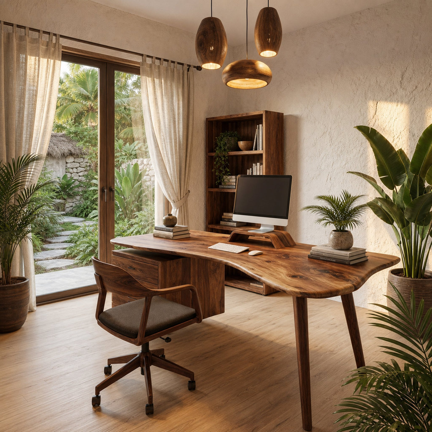 Organic Wooden Desk With Integrated Side Shelves And Built In Drawer Storage For Home Office And Workspace - product view 2