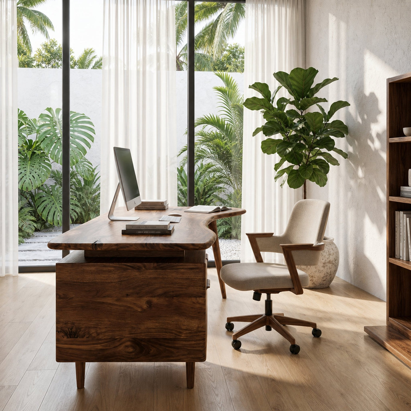 Organic Wooden Desk With Integrated Side Shelves And Built In Drawer Storage For Home Office And Workspace - product view 3