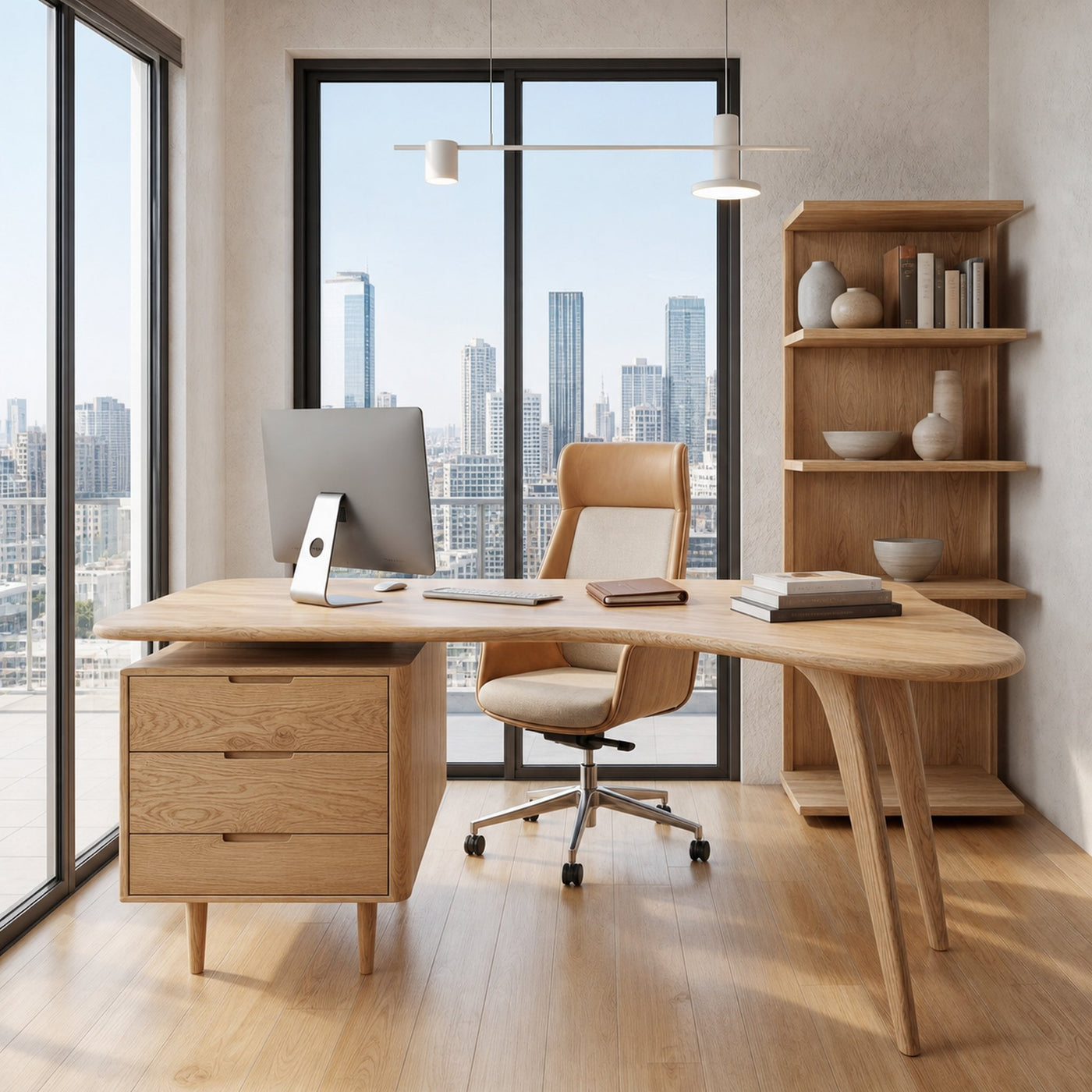 Organic Wooden Desk With Integrated Side Shelves And Built In Drawer Storage For Home Office And Workspace - product view 5