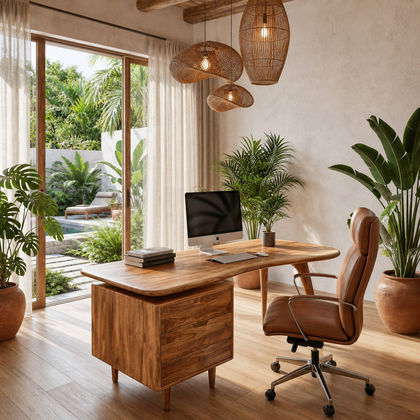 Organic Wooden Desk With Integrated Side Shelves And Built In Drawer Storage For Home Office And Workspace - product view 6