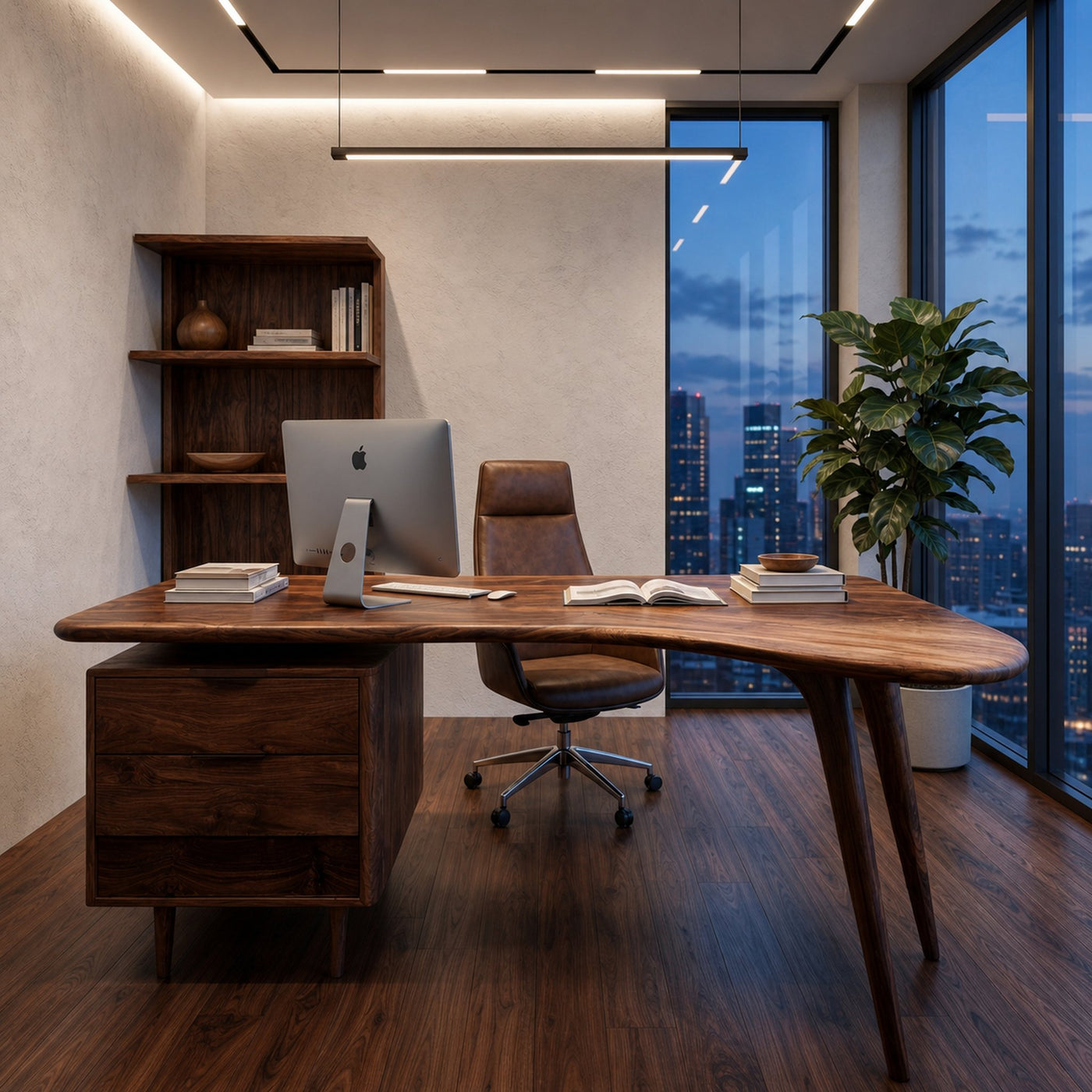 Organic Wooden Desk With Integrated Side Shelves And Built In Drawer Storage For Home Office And Workspace - product view 7