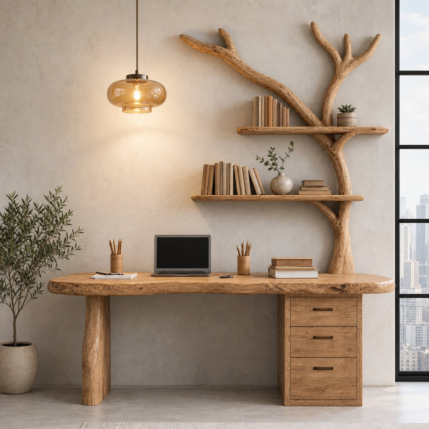 Organic Wooden Desk With Tree Branch Bookshelf And Built In Drawer Storage For Home Office And Workspace
