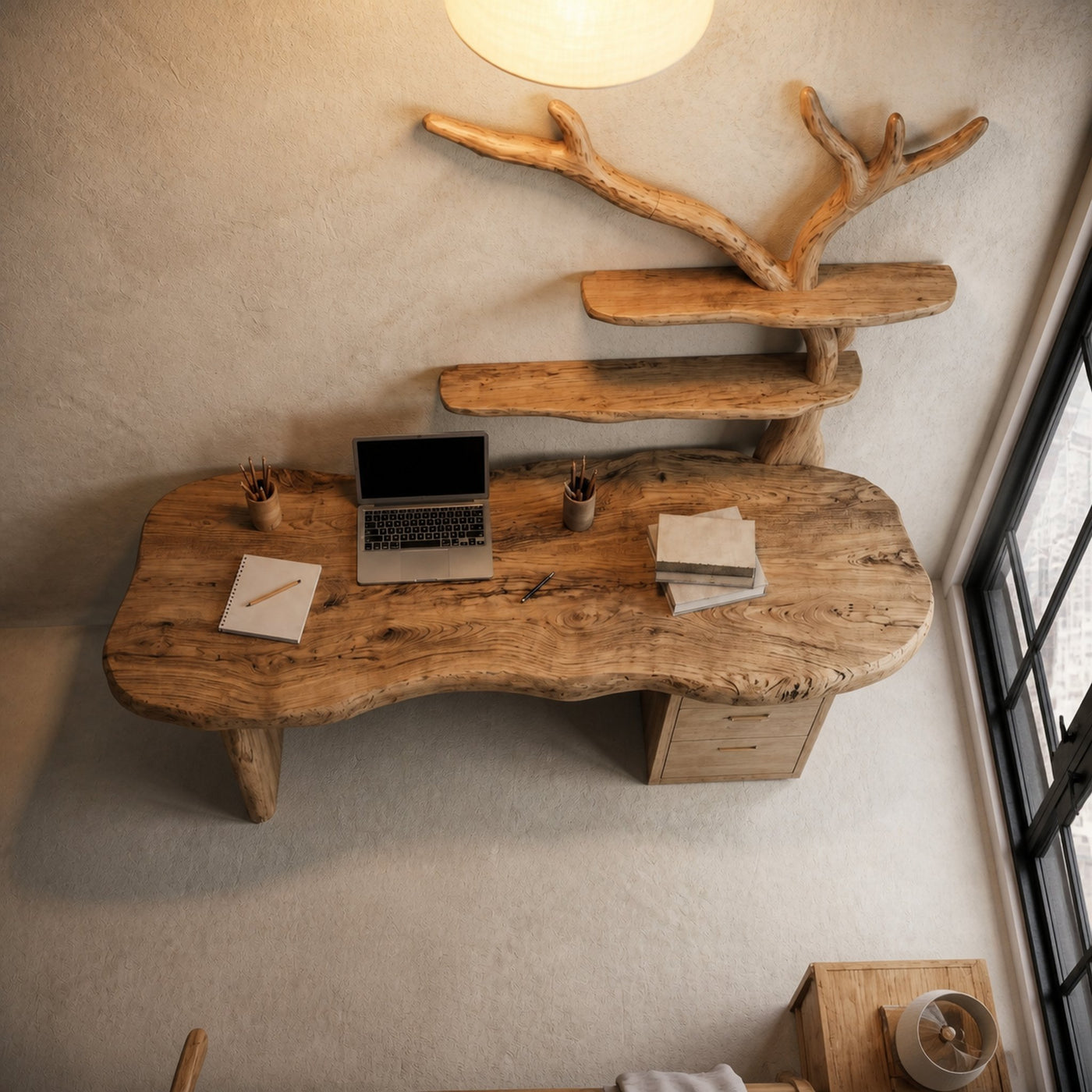 Organic Wooden Desk With Tree Branch Bookshelf And Built In Drawer Storage For Home Office And Workspace - product view 2