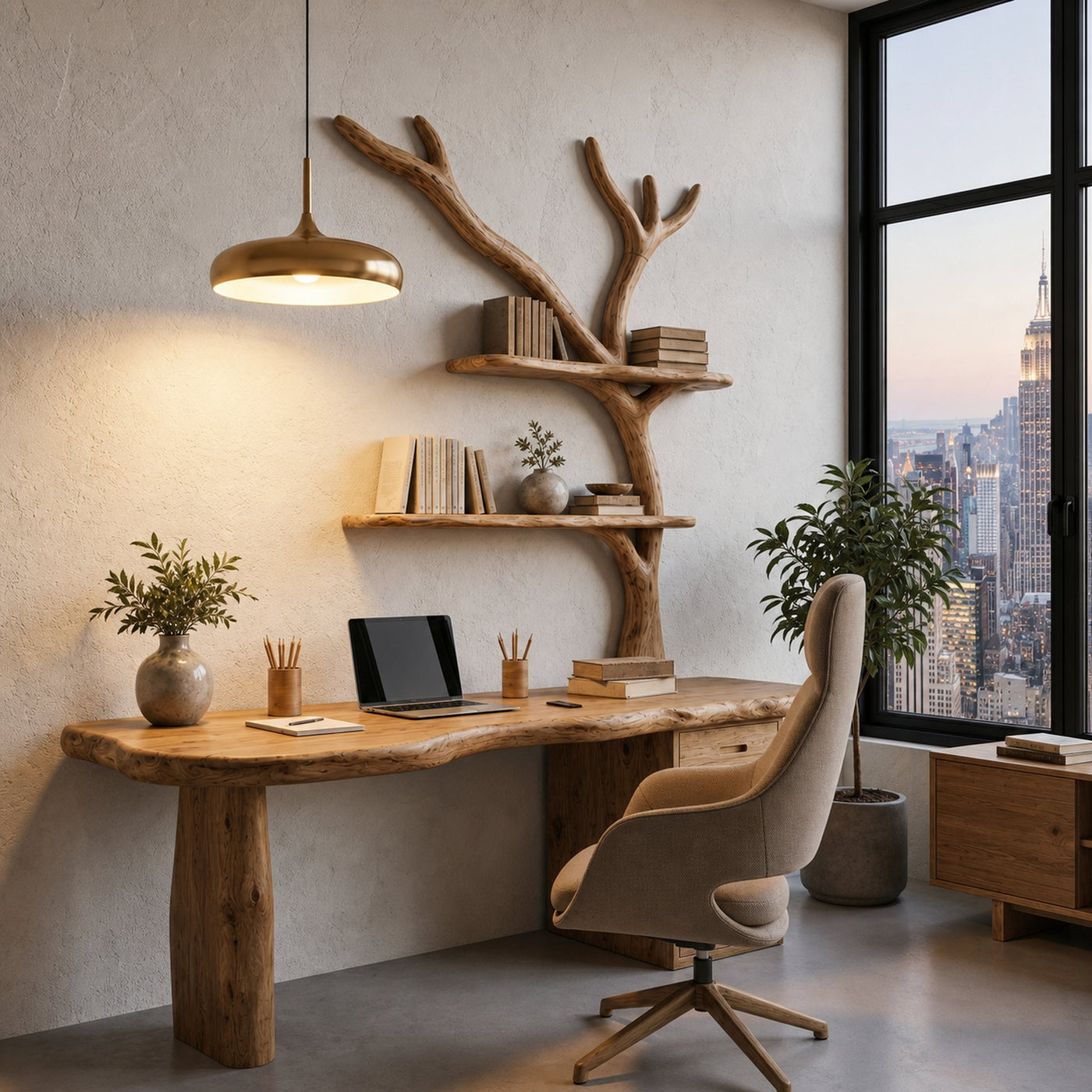 Organic Wooden Desk With Tree Branch Bookshelf And Built In Drawer Storage For Home Office And Workspace - product view 3