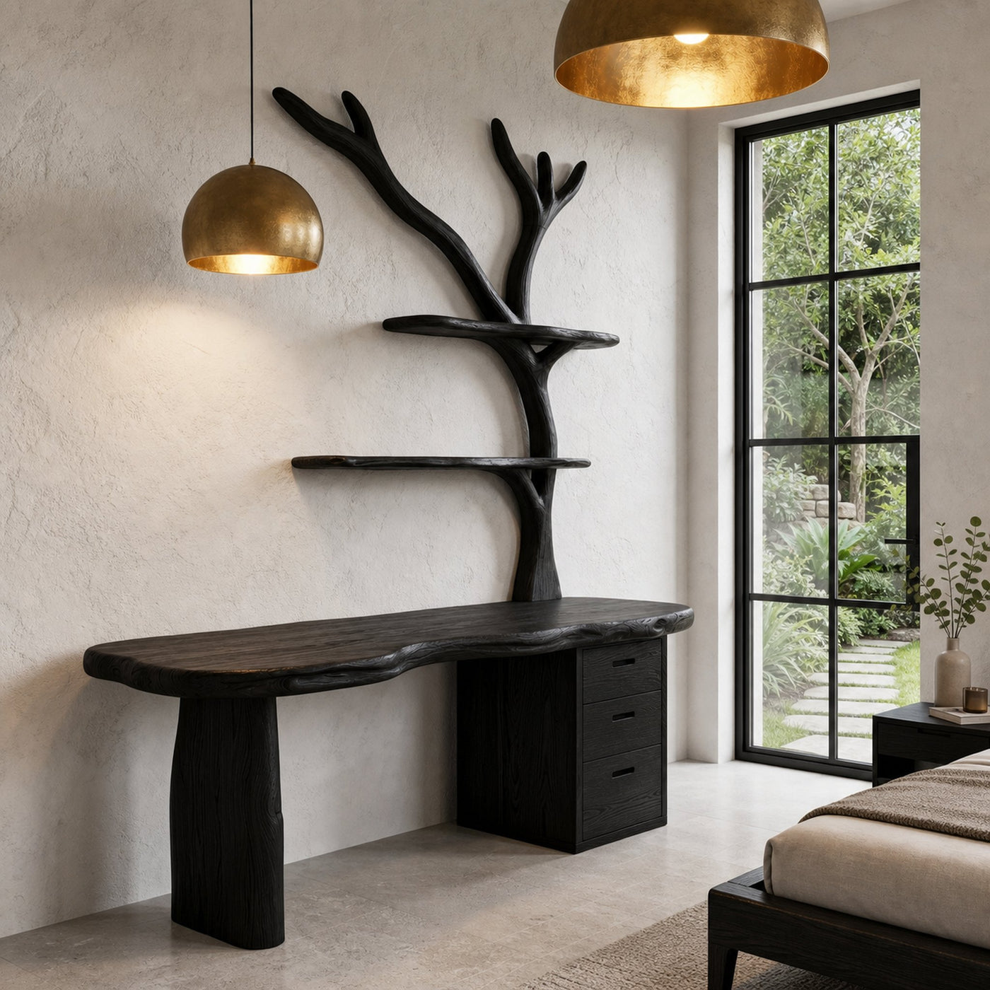 Organic Wooden Desk With Tree Branch Bookshelf And Built In Drawer Storage For Home Office And Workspace - product view 4
