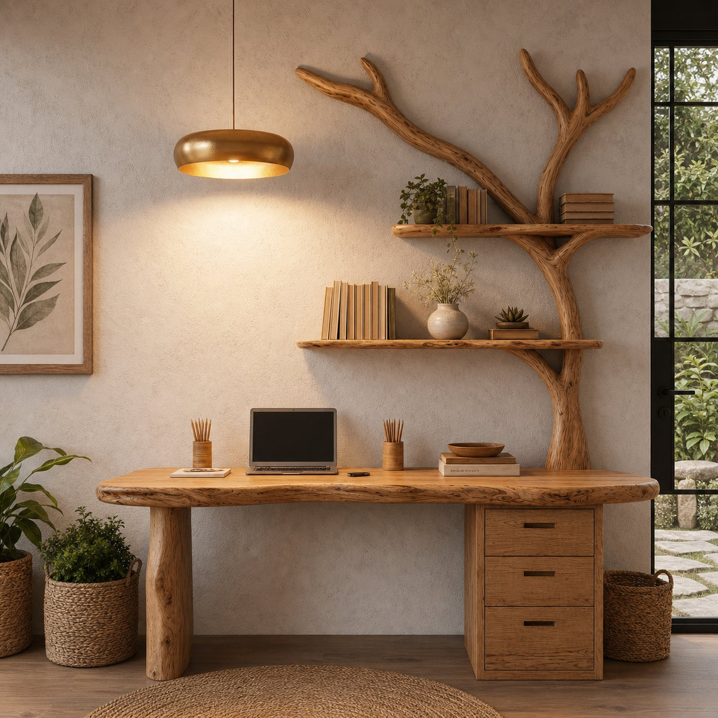 Organic Wooden Desk With Tree Branch Bookshelf And Built In Drawer Storage For Home Office And Workspace - product view 5