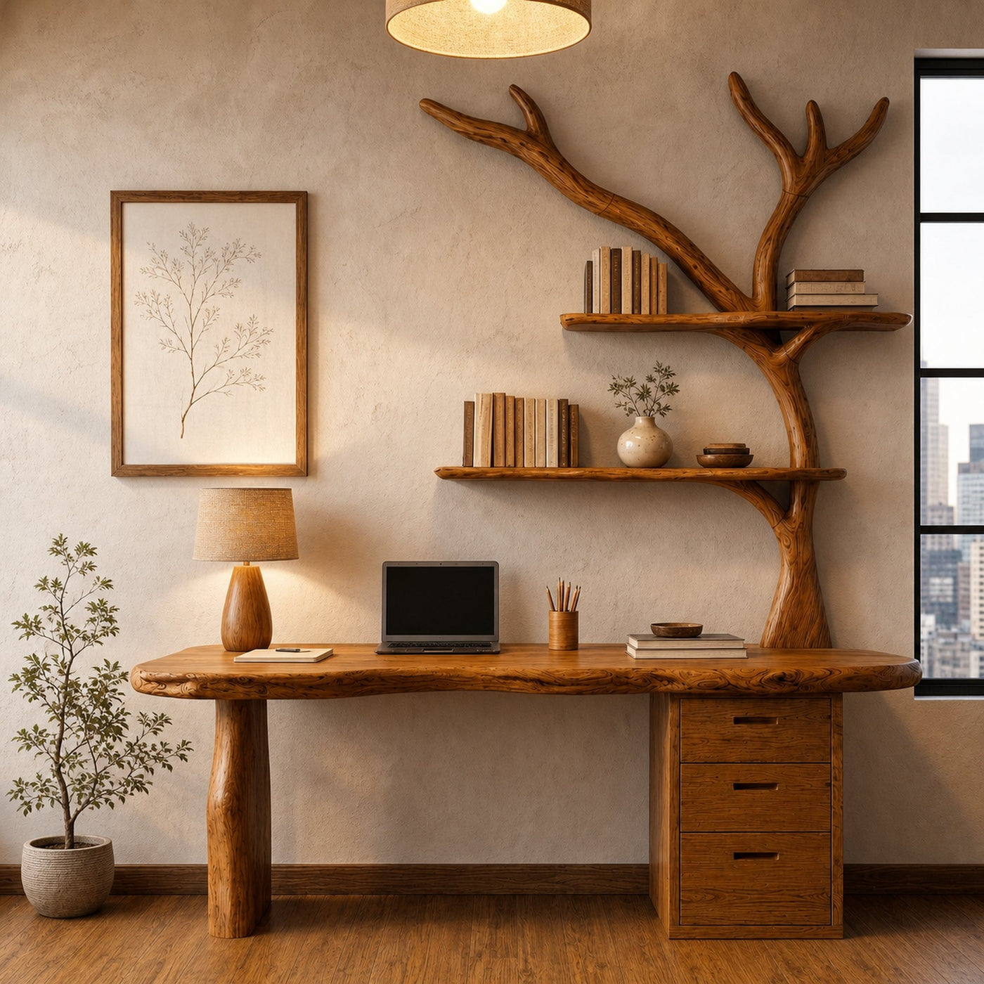 Organic Wooden Desk With Tree Branch Bookshelf And Built In Drawer Storage For Home Office And Workspace - product view 6