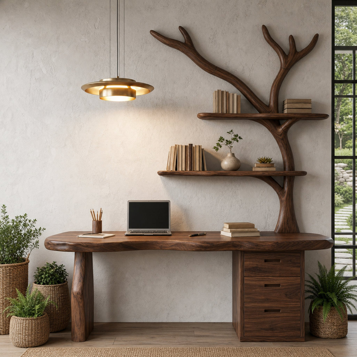 Organic Wooden Desk With Tree Branch Bookshelf And Built In Drawer Storage For Home Office And Workspace - product view 7