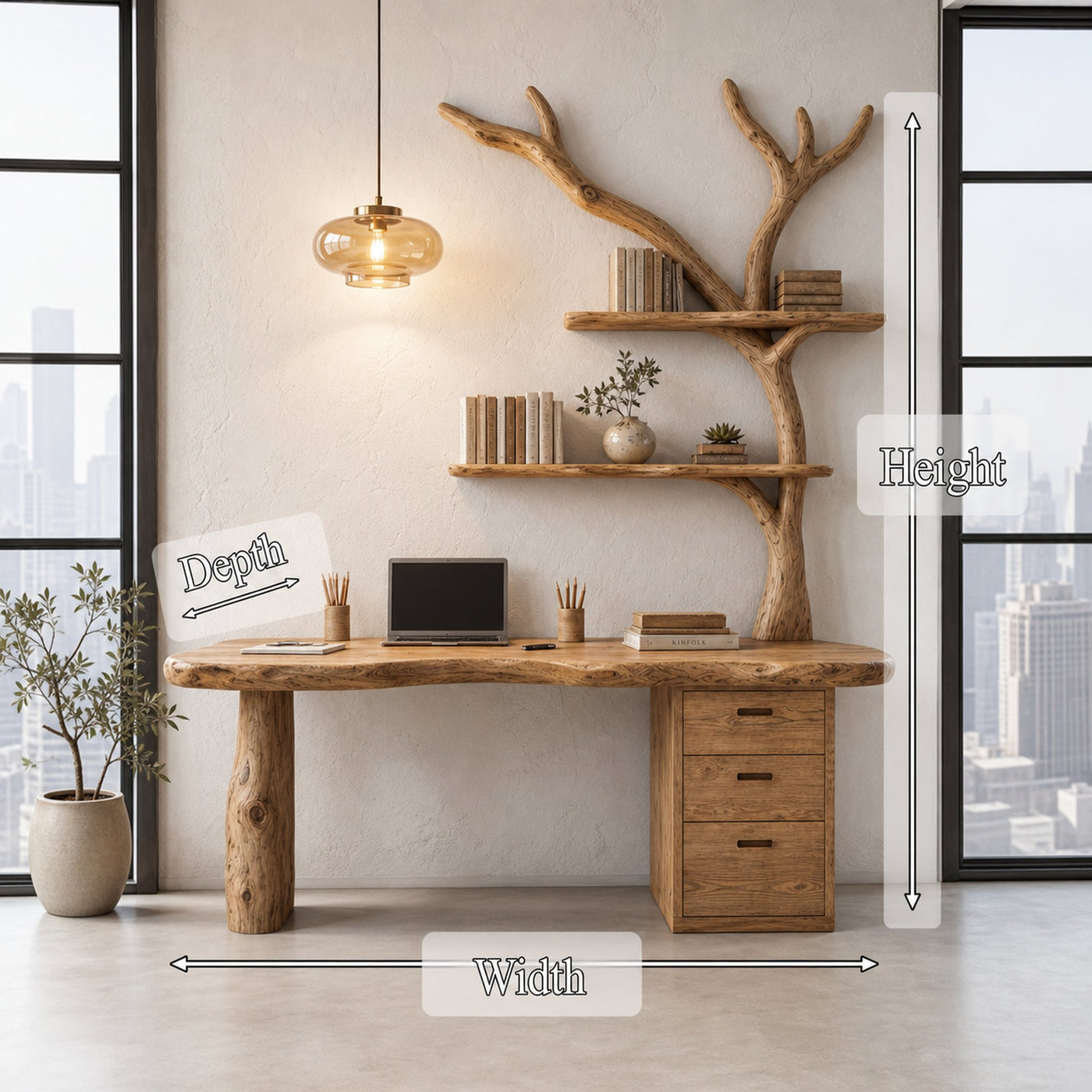 Organic Wooden Desk With Tree Branch Bookshelf And Built In Drawer Storage For Home Office And Workspace - product view 8