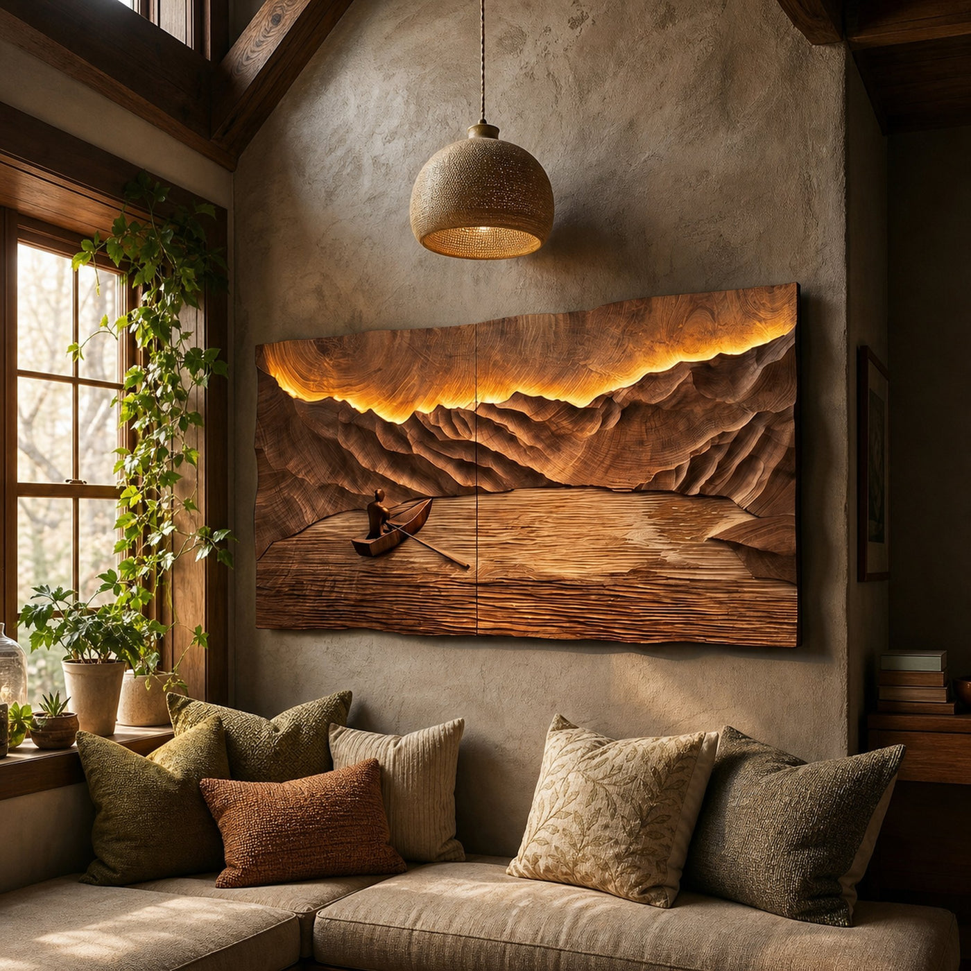 Oversized Round Wood Landscape Art For Japandi Living Room Design