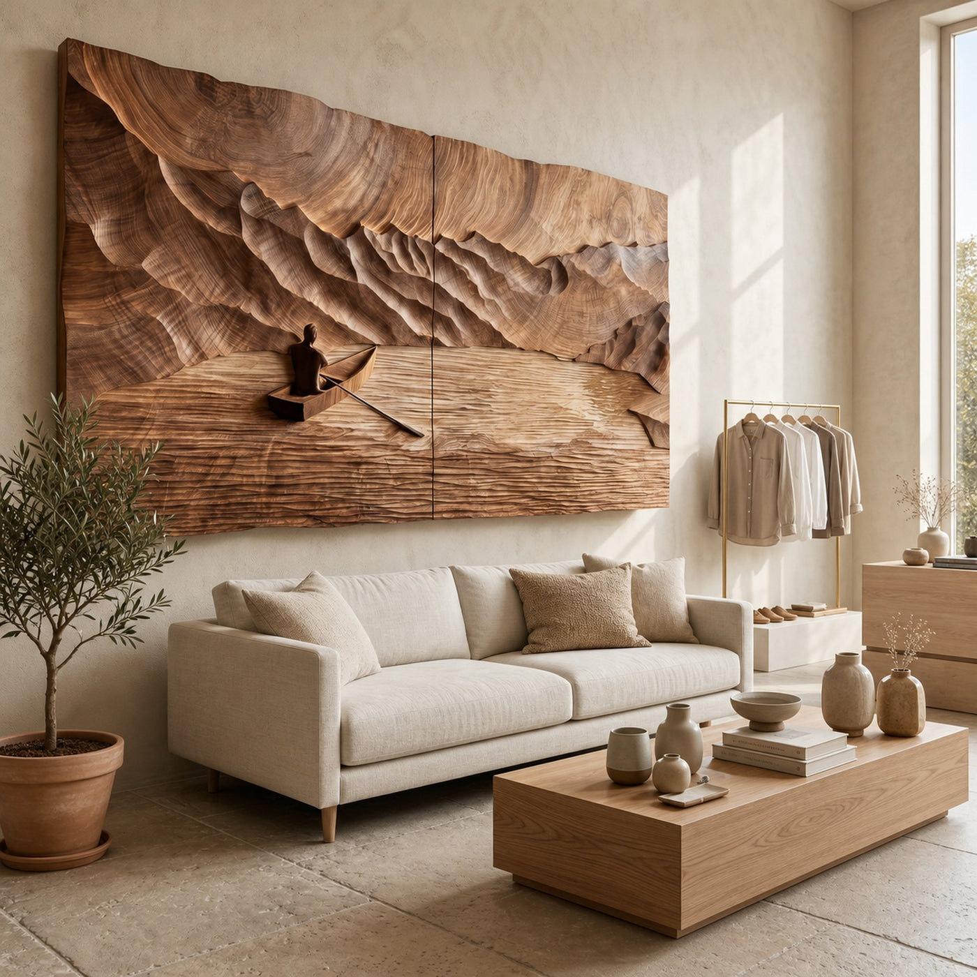 Oversized Round Wood Landscape Art For Japandi Living Room Design - product view 3