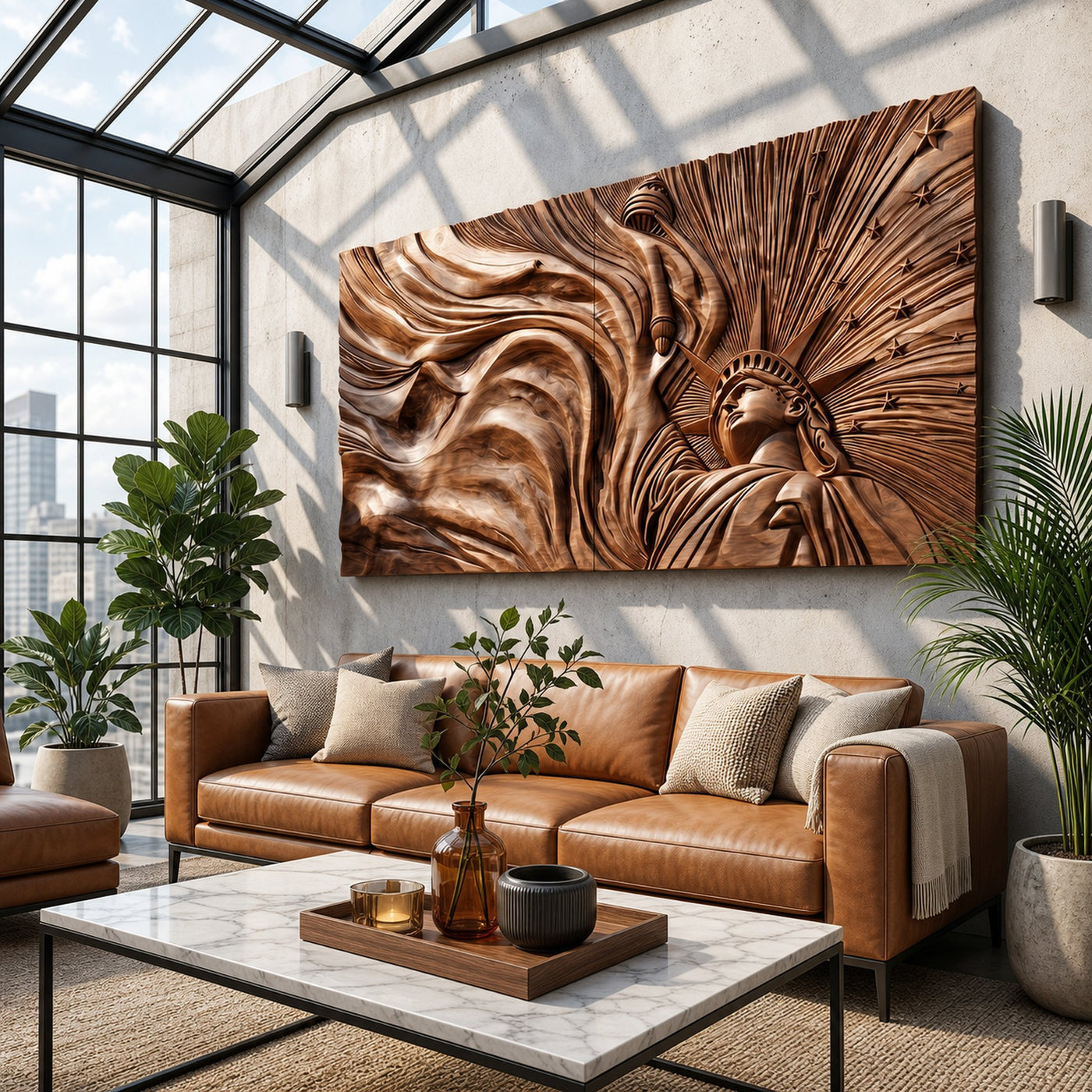 Panoramic Liberty Wood Wall Art Modern Urban Living Room Decor