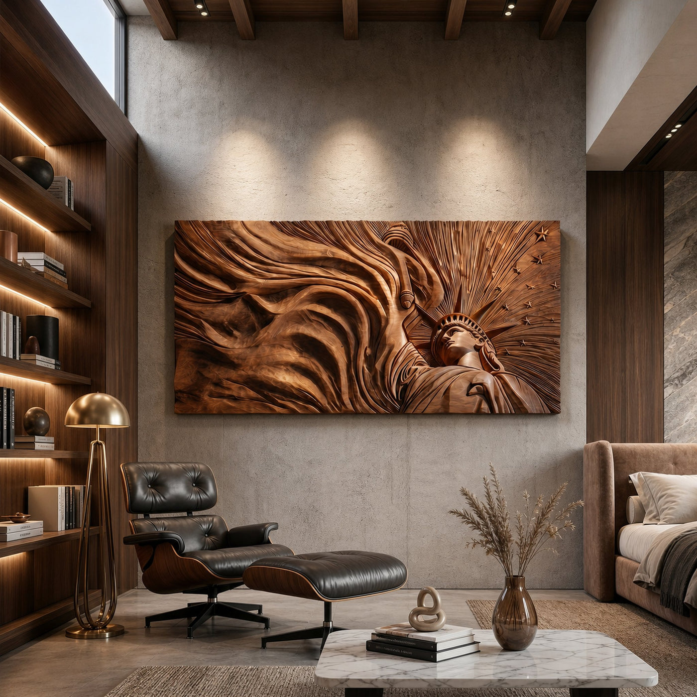 Panoramic Liberty Wood Wall Art Modern Urban Living Room Decor - product view 2