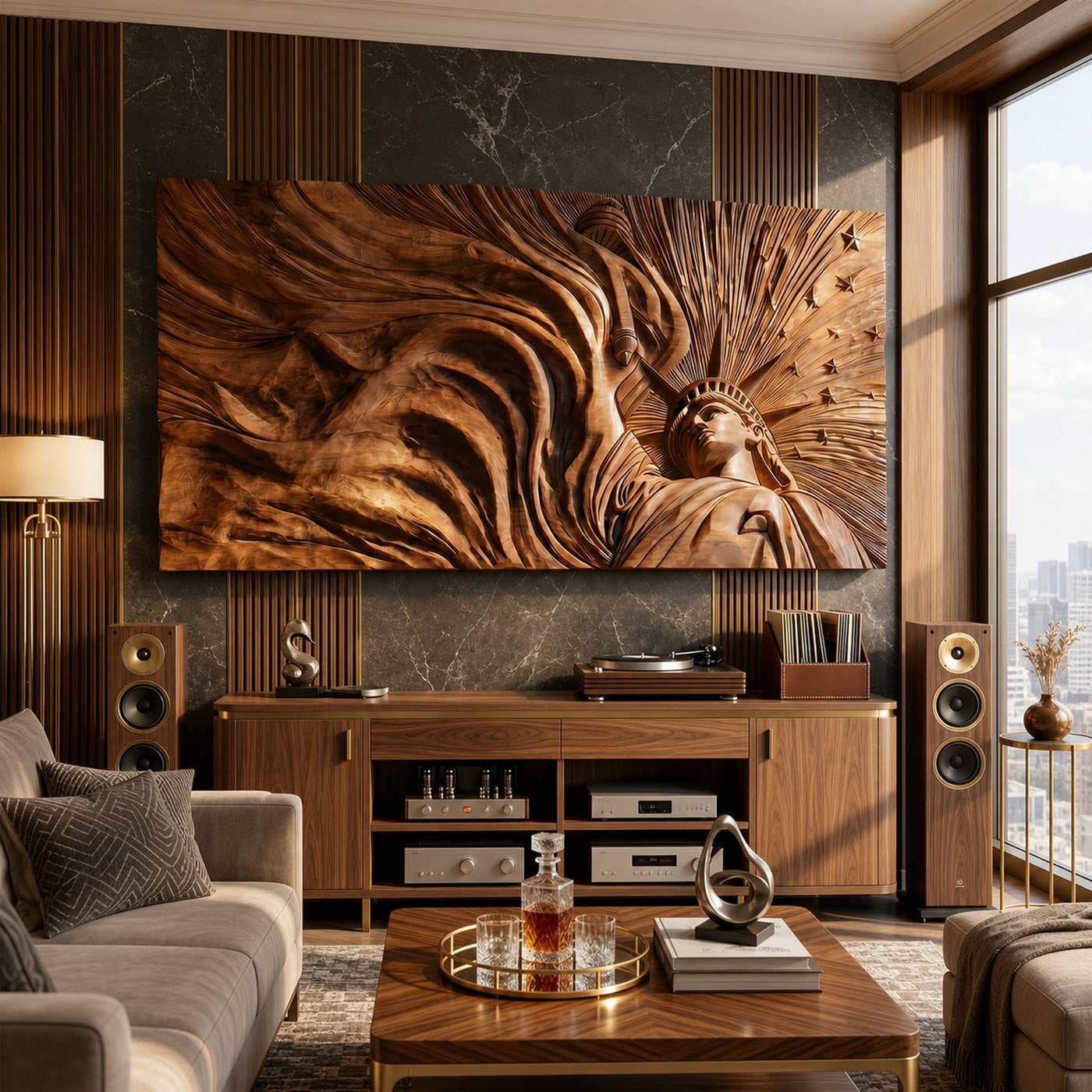 Panoramic Liberty Wood Wall Art Modern Urban Living Room Decor - product view 3