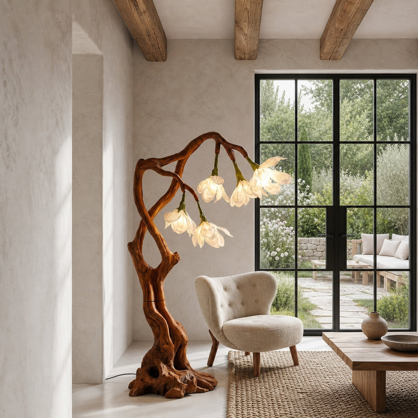 Petal Inspired Floor Lamp With Artistic Wood Base For Living Room And Bedroom