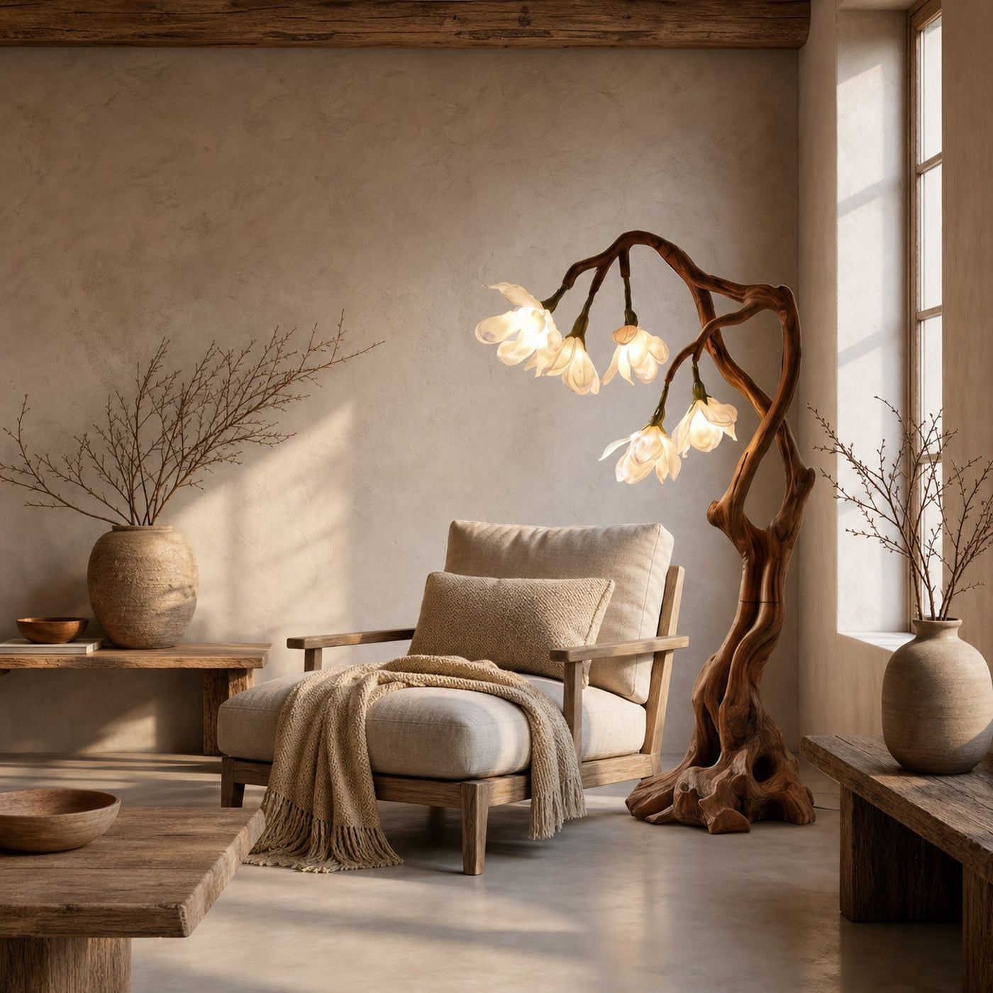 Petal Inspired Floor Lamp With Artistic Wood Base For Living Room And Bedroom - product view 3