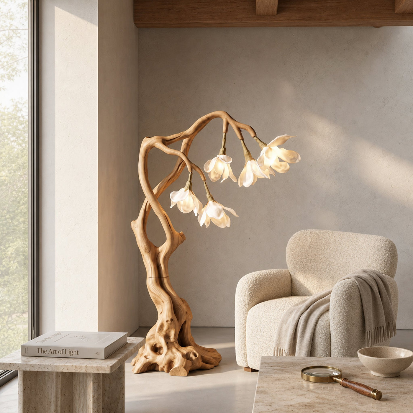 Petal Inspired Floor Lamp With Artistic Wood Base For Living Room And Bedroom - product view 5