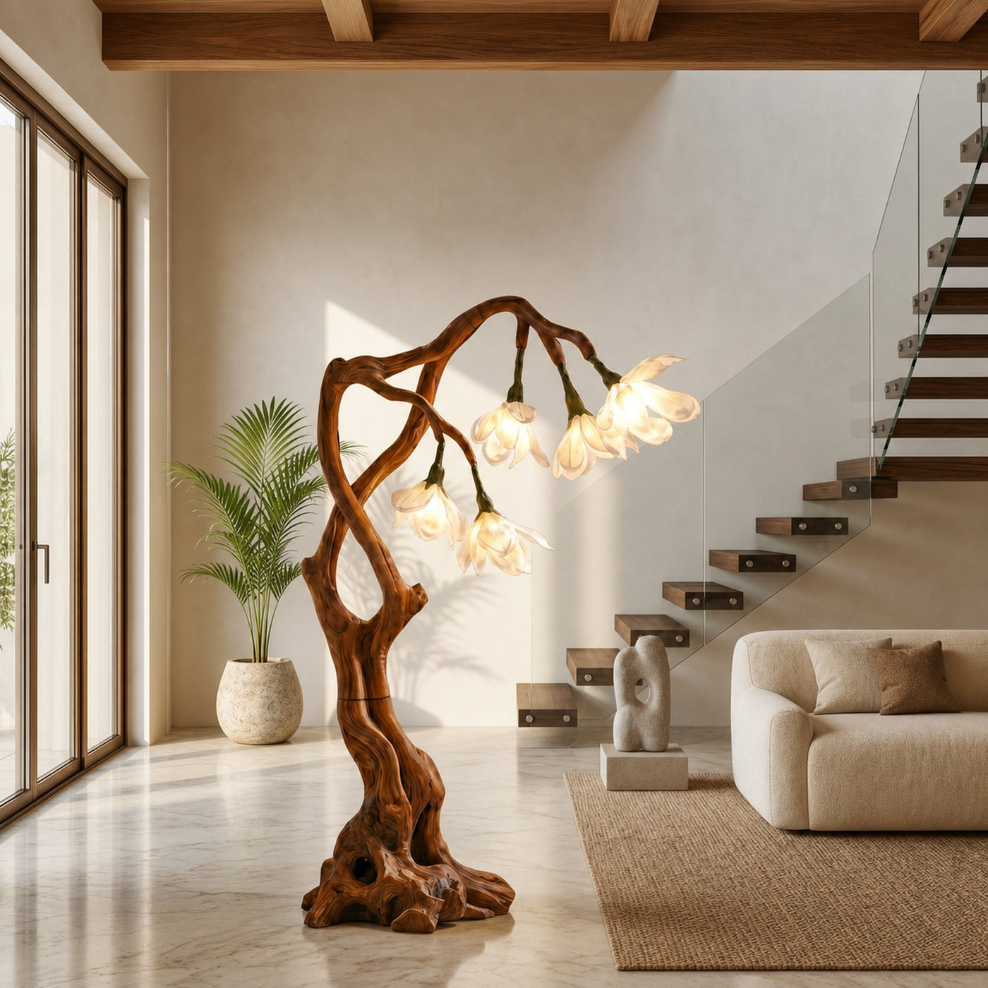 Petal Inspired Floor Lamp With Artistic Wood Base For Living Room And Bedroom - product view 6