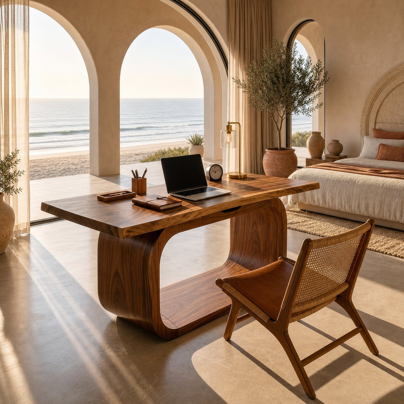 Resort Style Executive Desk With Curved Base For Ocean View Bedroom