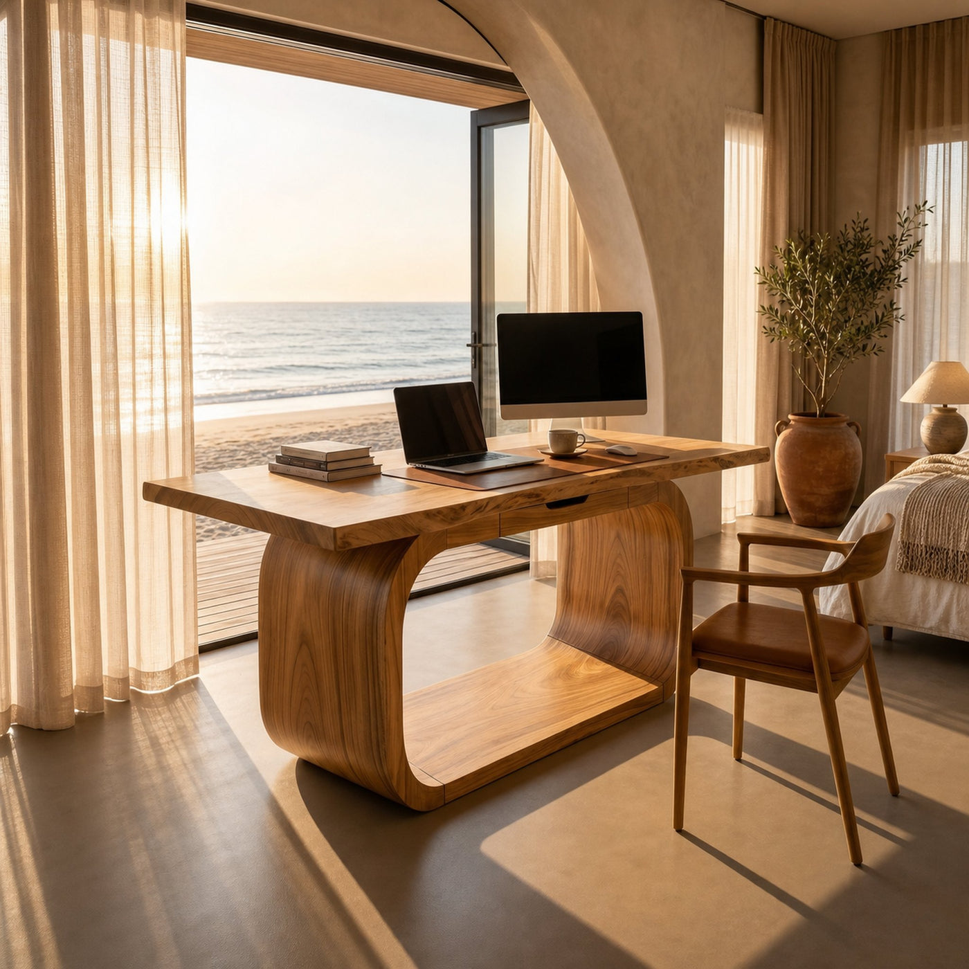 Resort Style Executive Desk With Curved Base For Ocean View Bedroom - product view 5