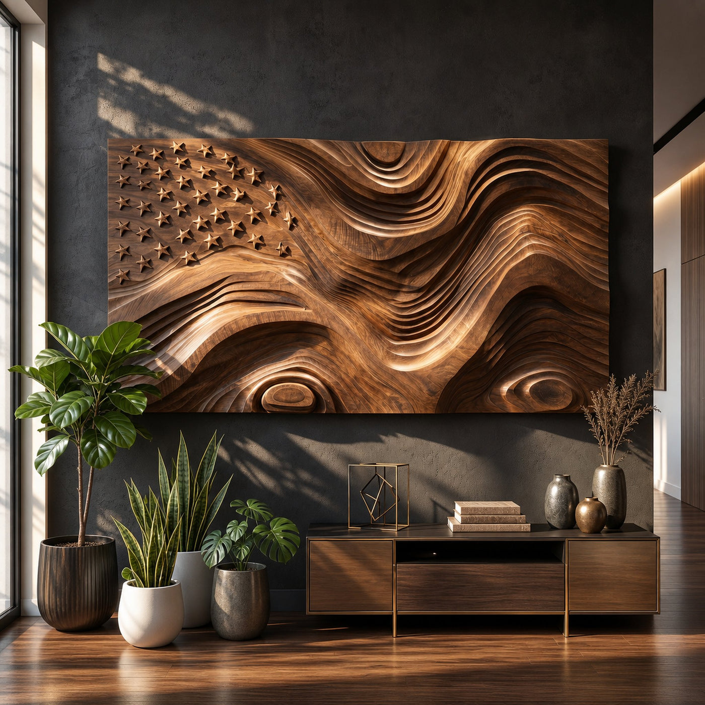 Rustic American Flag Wall Panel With Wave Relief For Living Room