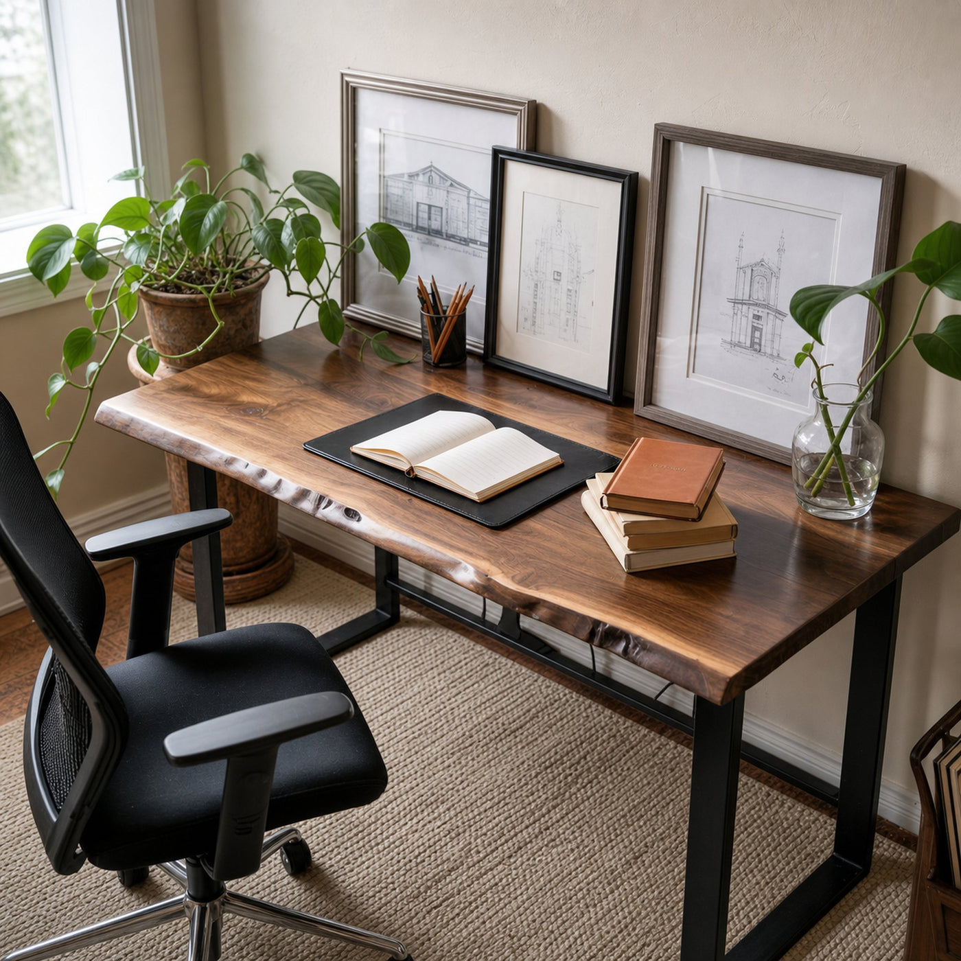 Rustic Artisan Live Edge Desk For Minimal Home Office Or Study Nook