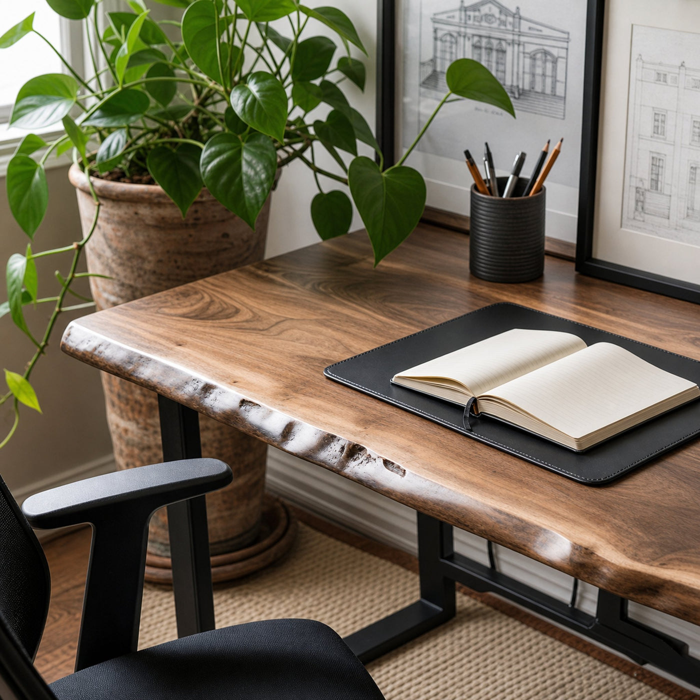 Rustic Artisan Live Edge Desk For Minimal Home Office Or Study Nook - product view 2