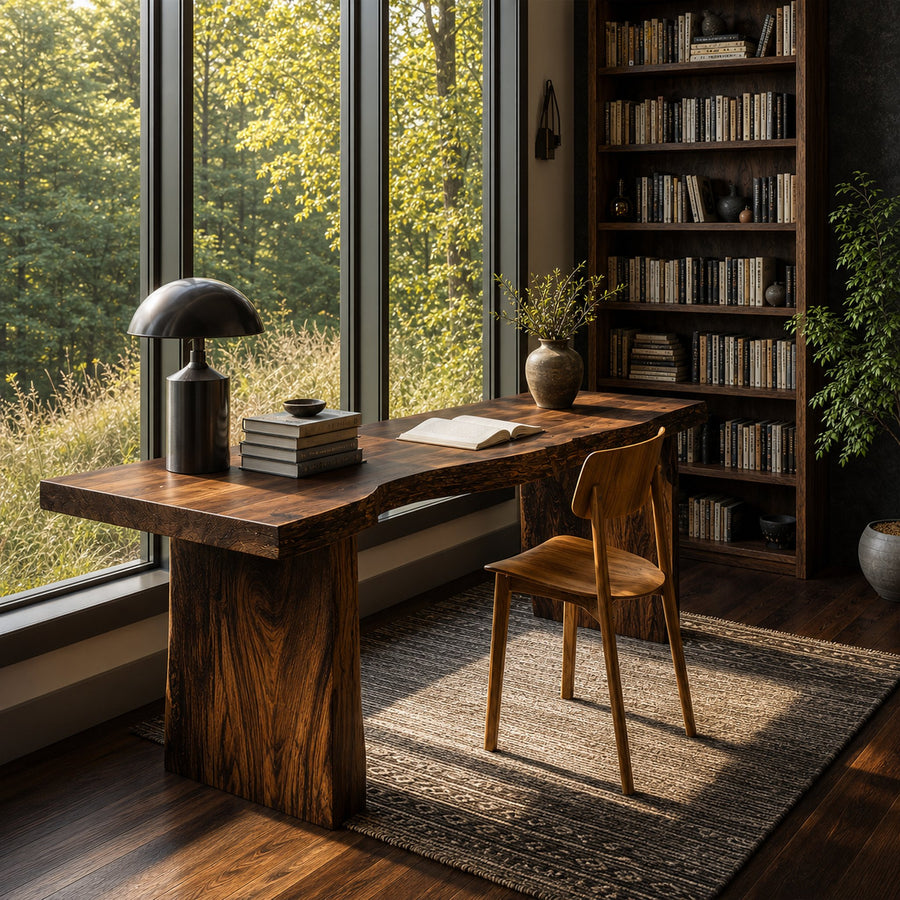 Rustic Desk With Live Edge Top And Sculptural Tree Stump Base For Home Office
