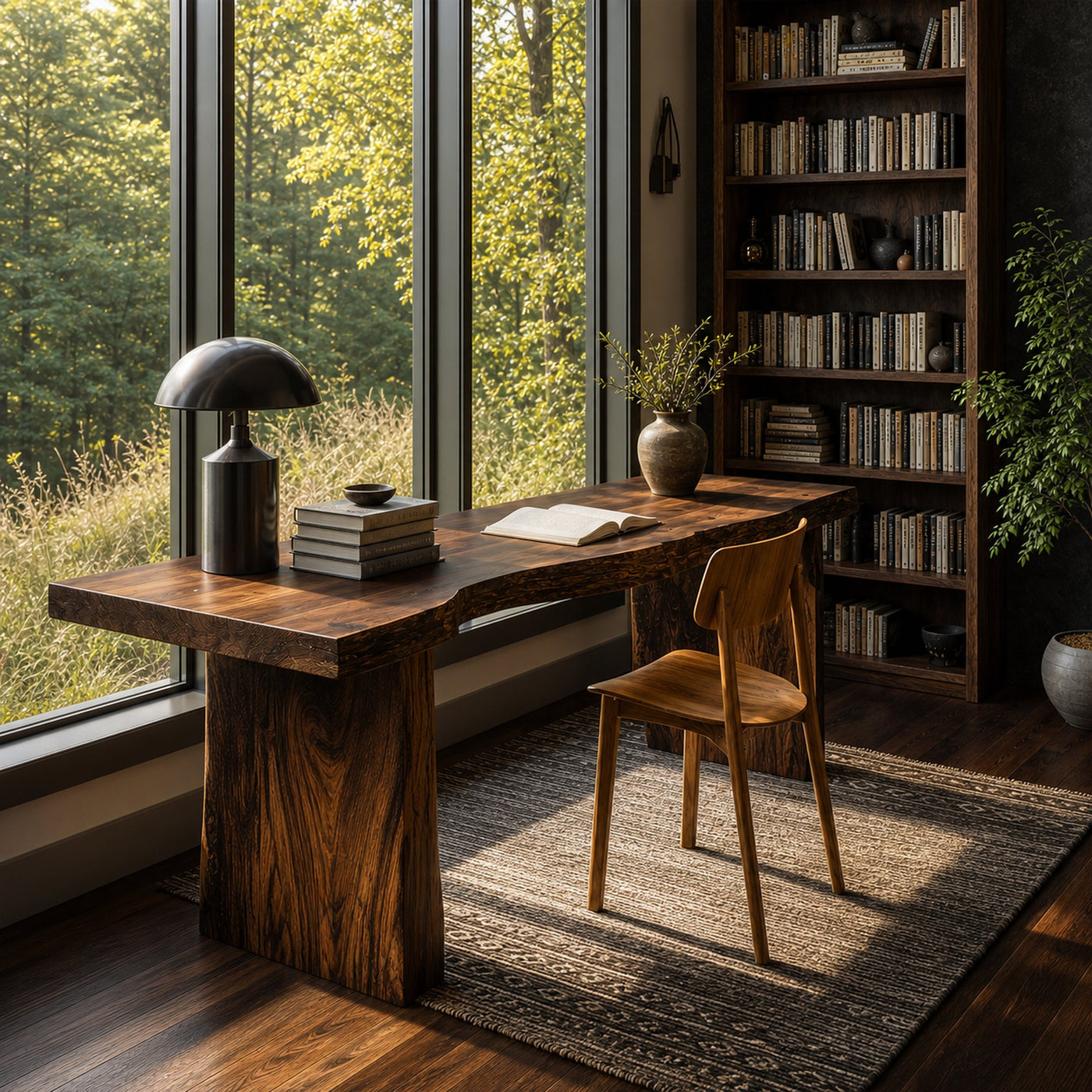 Rustic Desk With Live Edge Top And Sculptural Tree Stump Base For Home Office