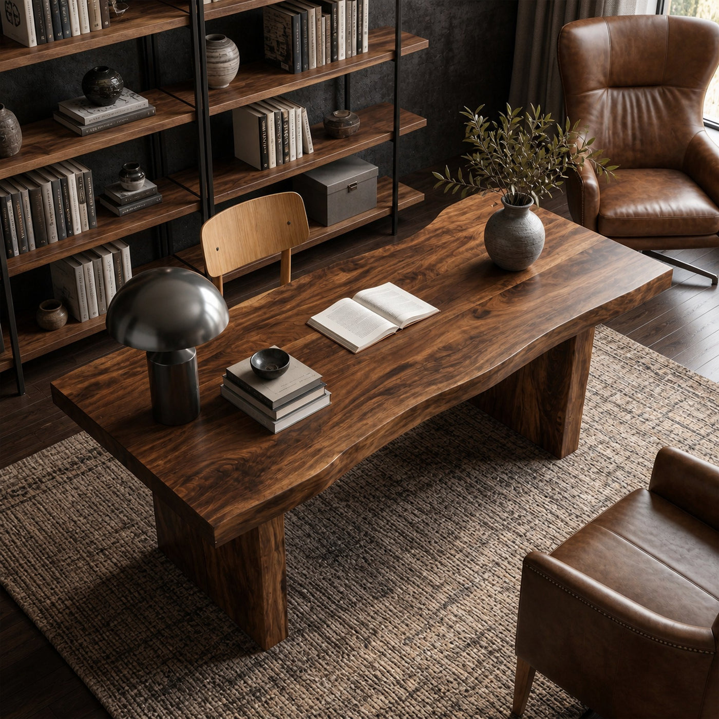Rustic Desk With Live Edge Top And Sculptural Tree Stump Base For Home Office - product view 3