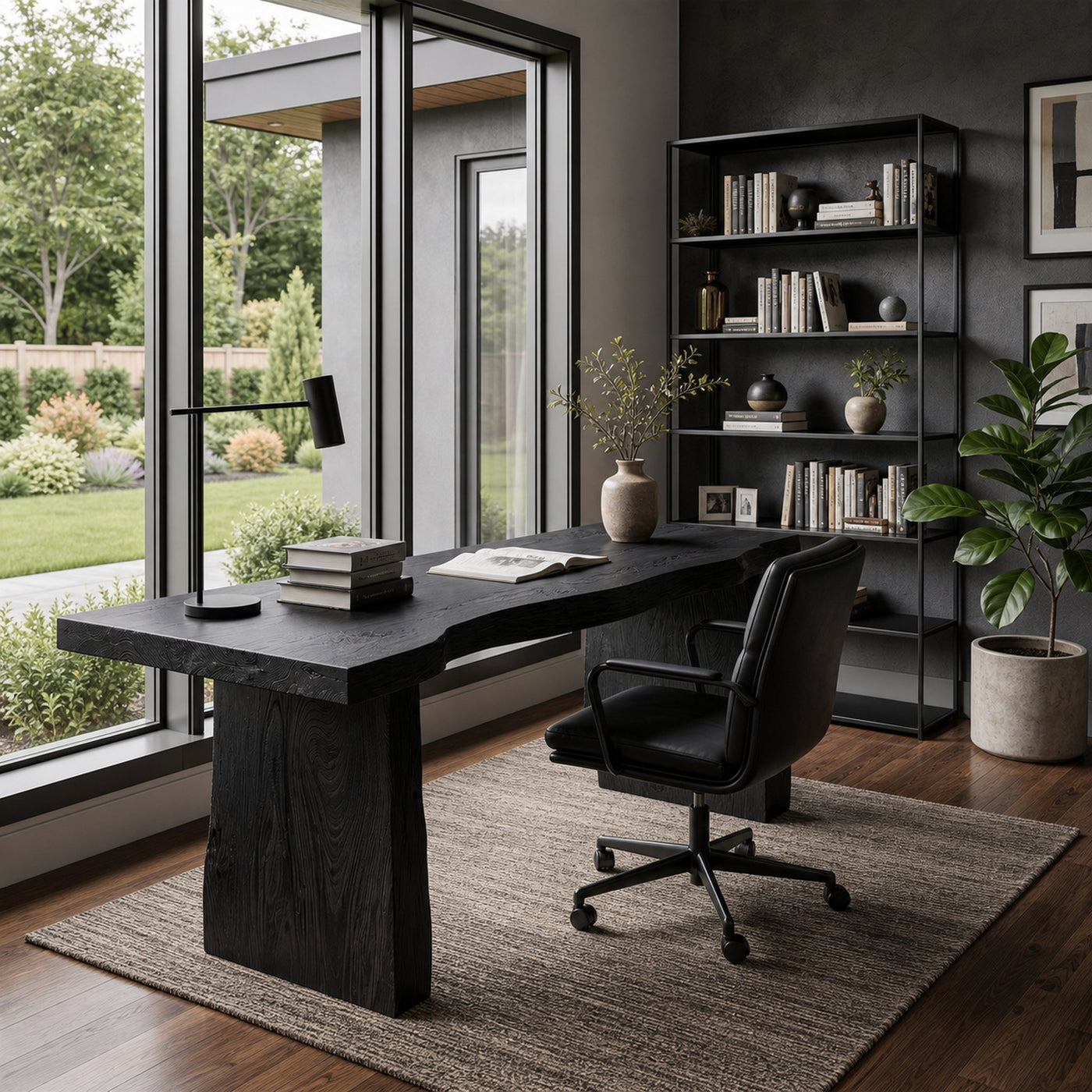 Rustic Desk With Live Edge Top And Sculptural Tree Stump Base For Home Office - product view 4