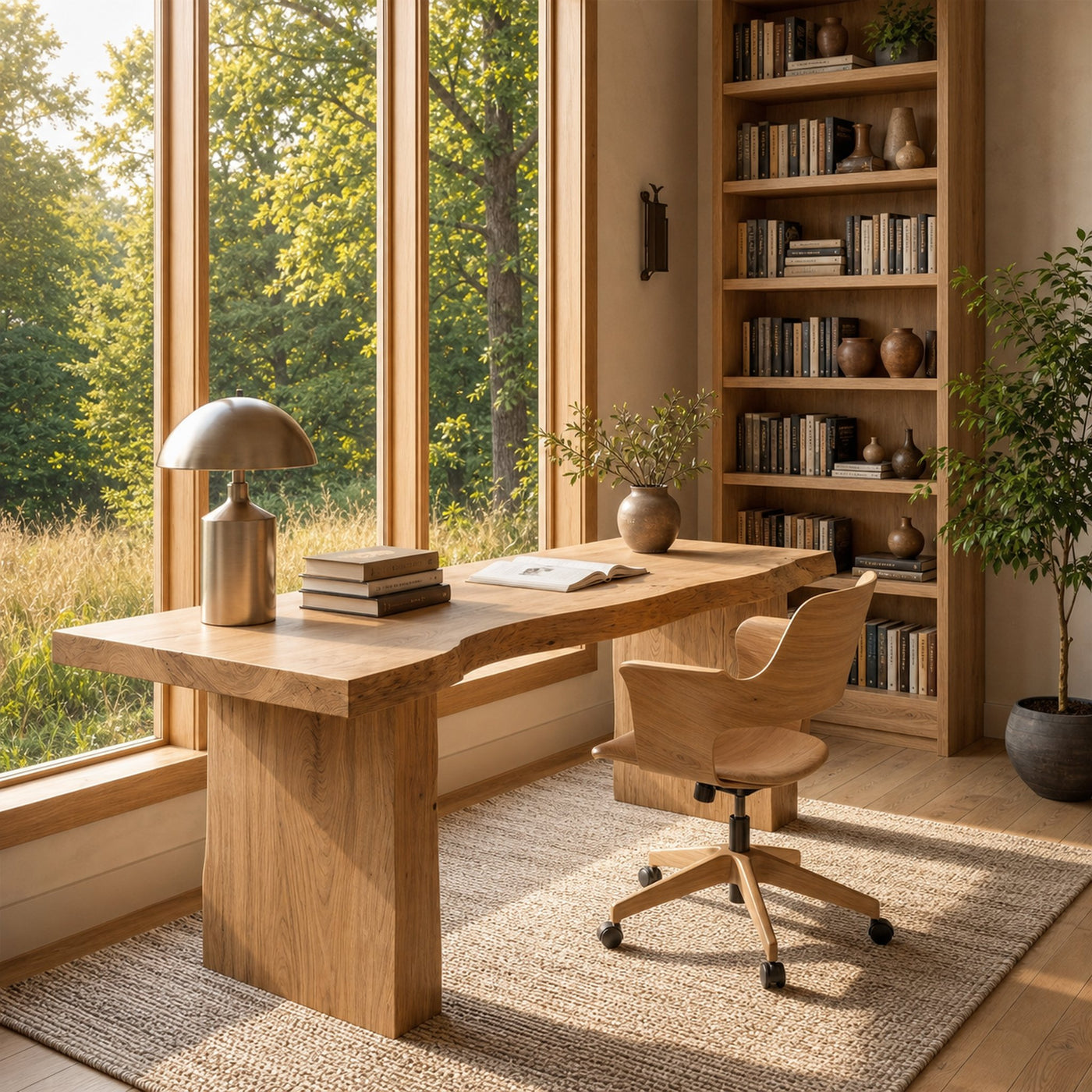 Rustic Desk With Live Edge Top And Sculptural Tree Stump Base For Home Office - product view 5