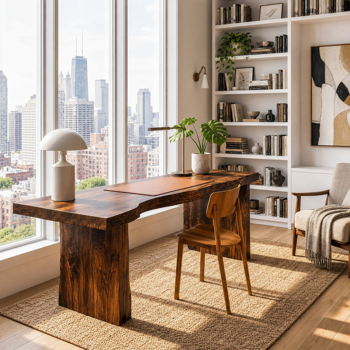 Rustic Desk With Live Edge Top And Sculptural Tree Stump Base For Home Office - product view 6