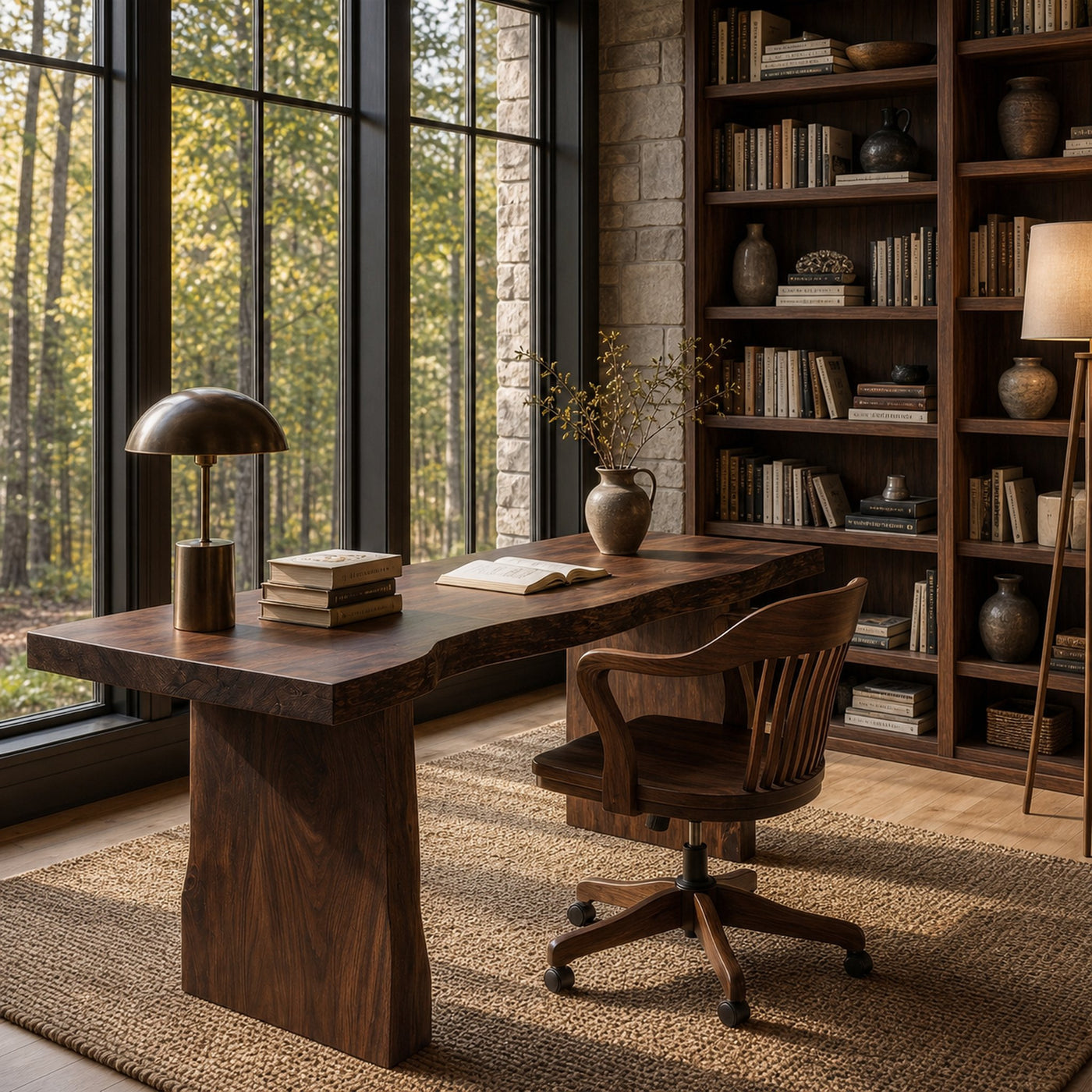 Rustic Desk With Live Edge Top And Sculptural Tree Stump Base For Home Office - product view 7