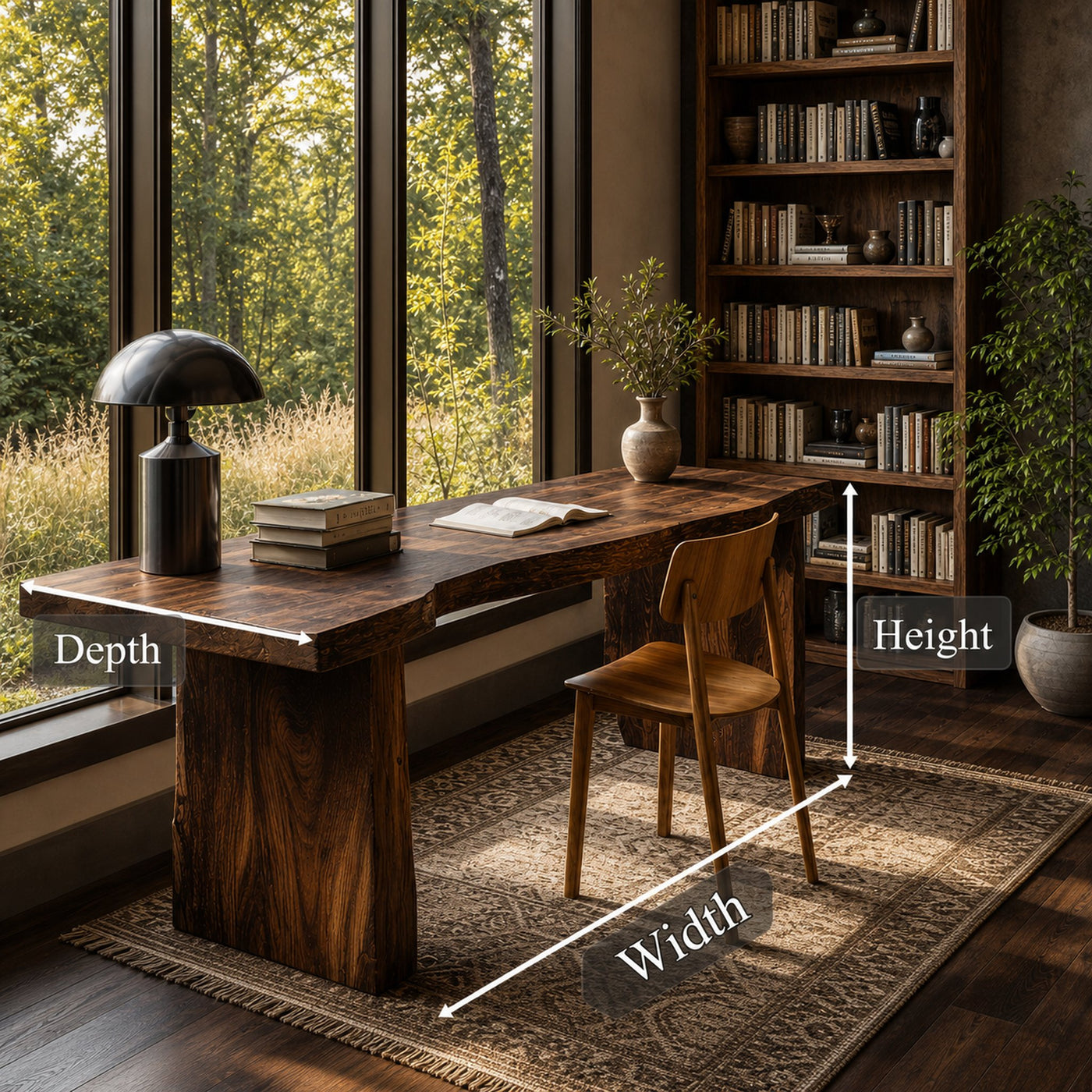 Rustic Desk With Live Edge Top And Sculptural Tree Stump Base For Home Office - product view 8