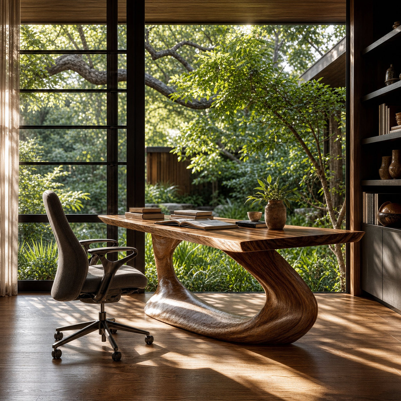 Rustic Desk With Sculptural Curved Base For Home Office