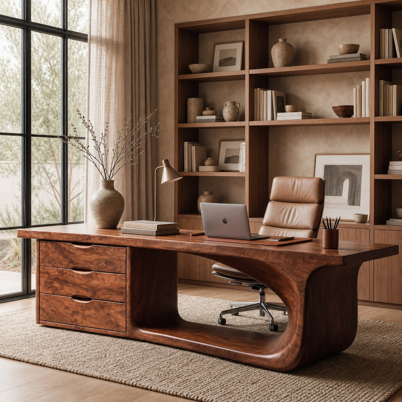 Rustic Executive Desk With Sculptural Solid Wood Base And Integrated Storage For Home Office