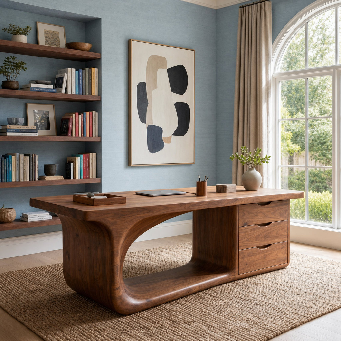 Rustic Executive Desk With Sculptural Solid Wood Base And Integrated Storage For Home Office - product view 2