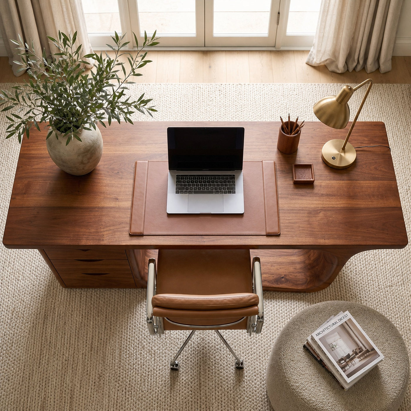 Rustic Executive Desk With Sculptural Solid Wood Base And Integrated Storage For Home Office - product view 3