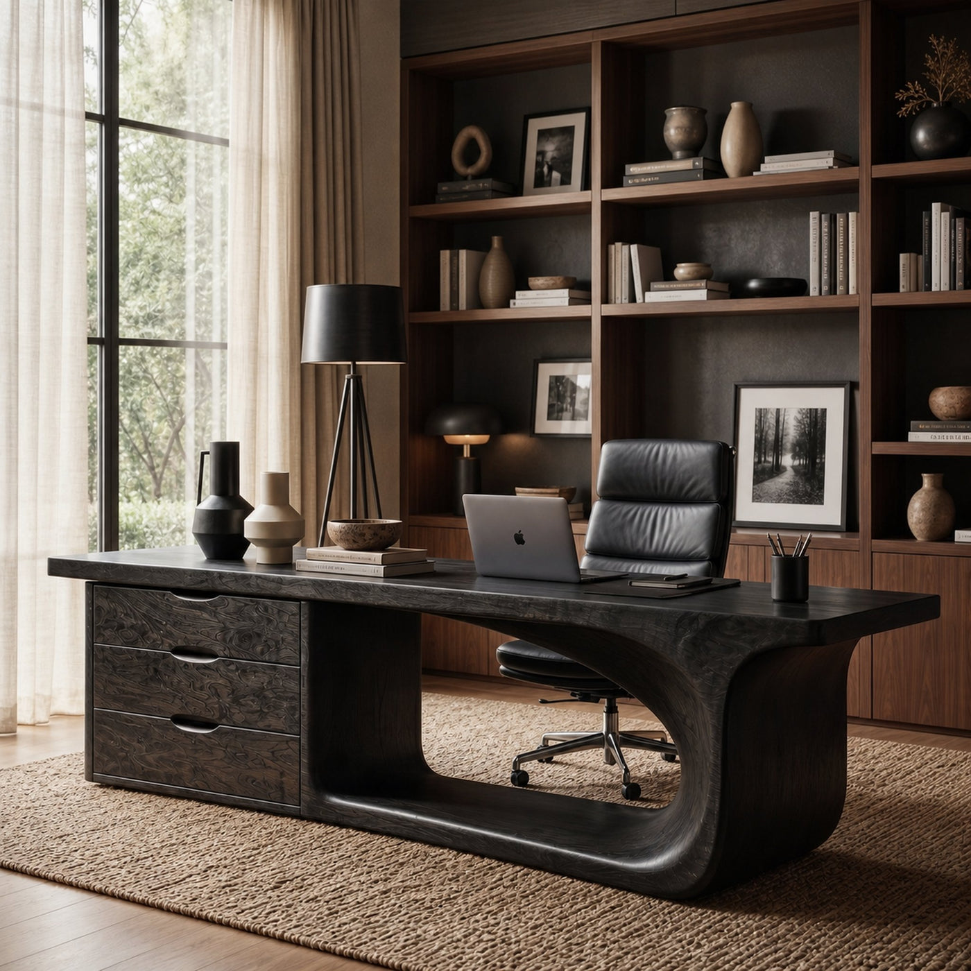 Rustic Executive Desk With Sculptural Solid Wood Base And Integrated Storage For Home Office - product view 4