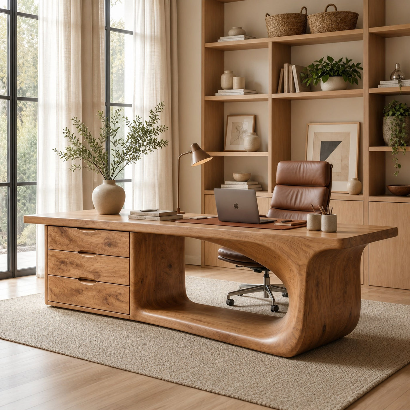 Rustic Executive Desk With Sculptural Solid Wood Base And Integrated Storage For Home Office - product view 5