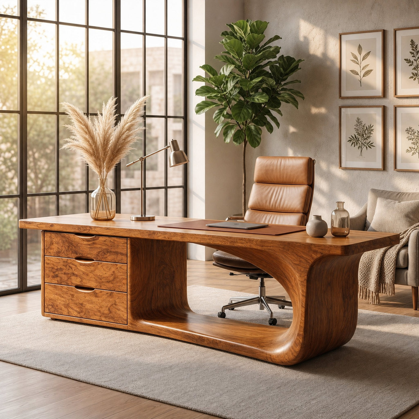 Rustic Executive Desk With Sculptural Solid Wood Base And Integrated Storage For Home Office - product view 6