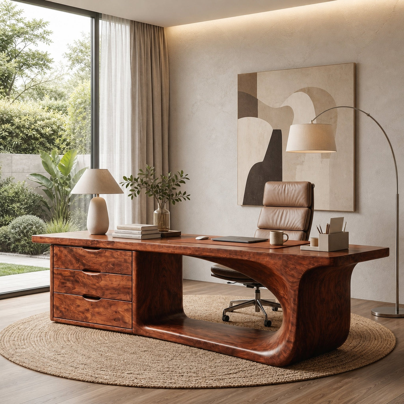 Rustic Executive Desk With Sculptural Solid Wood Base And Integrated Storage For Home Office - product view 7