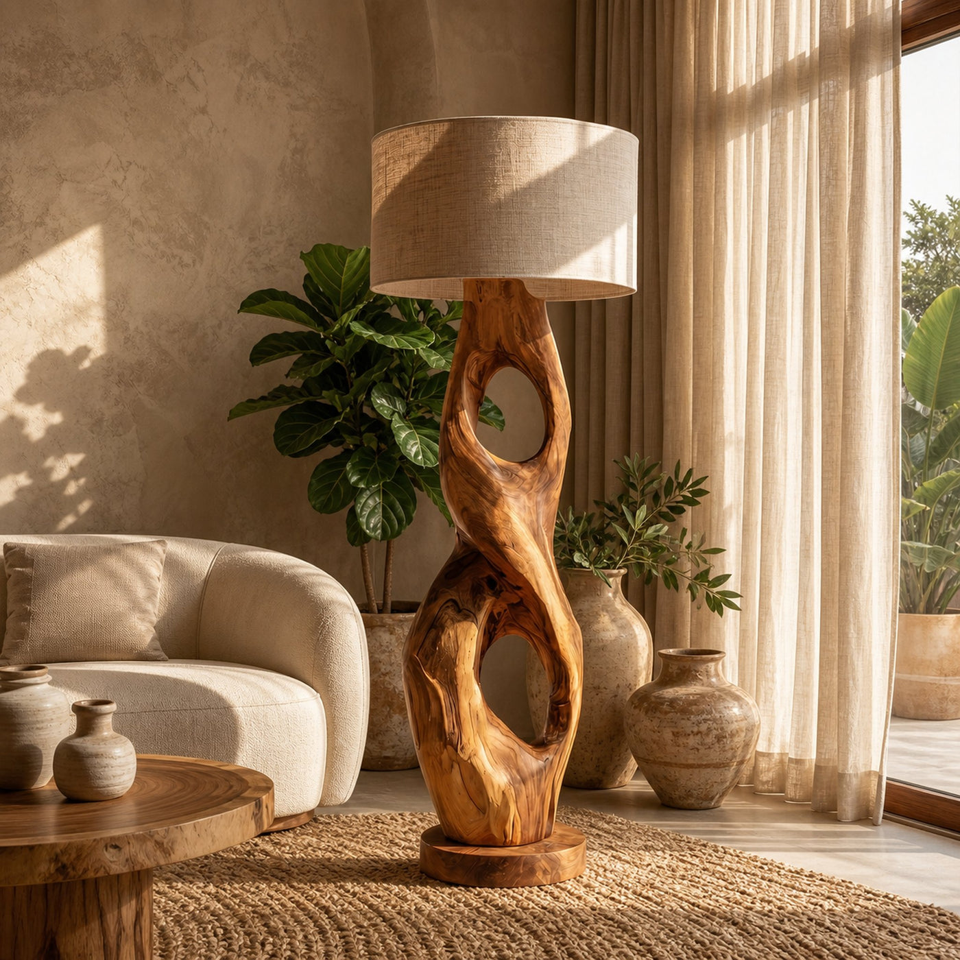 Rustic Floor Lamp With Handcrafted Hollow Wood Sculpture Base For Living Room